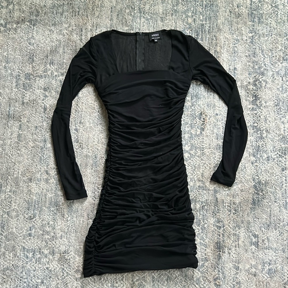 Bardot Black Long Sleeve Ruched Bodycon Dress - Size Small